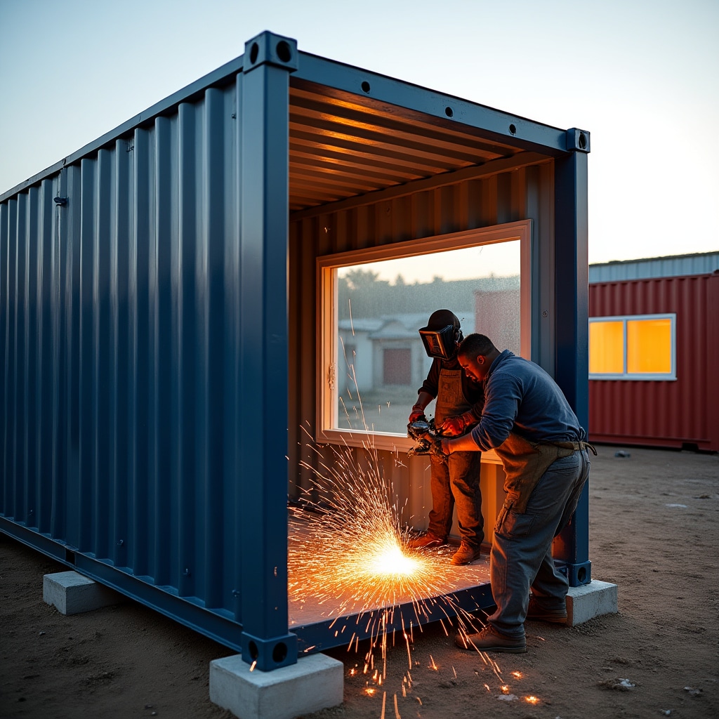 Shipping container being modified for residential use