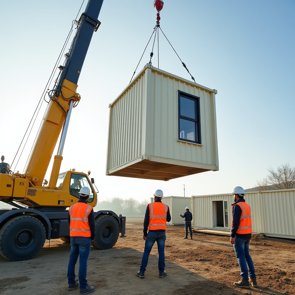 Prefabricated housing modules being assembled on site